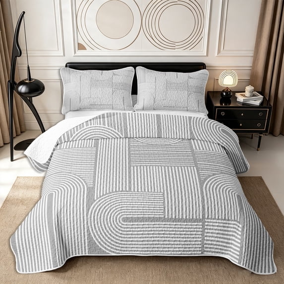 Castle Fairy Minimalist Stripes Twin Quilt Set 2 Pieces,Geometric Thin Line Texture Twin Coverlet Set,Light Gray White,1 Bedspread and 1 Pillowcase