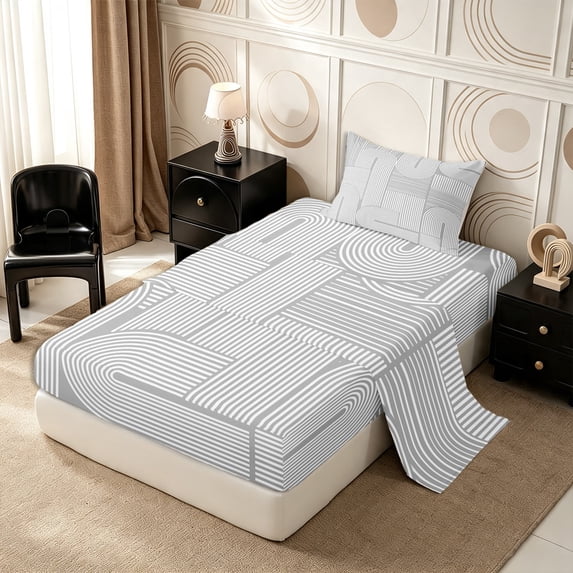 Castle Fairy Minimalist Stripes Twin Sheets 3pcs,Geometric Thin Line Texture Bedding,Light Gray White,1 Flat Sheet, 1 Fitted Sheet and 1 Pillowcase