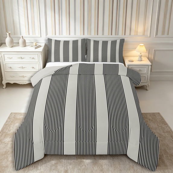 Castle Fairy Minimalist Thin Vertical Stripe Queen Comforter Set 3 Pieces,Geometric Wide Band Comforter Sets Queen,Black Greige,Reversible,1 Comforter and 2 Pillowcases