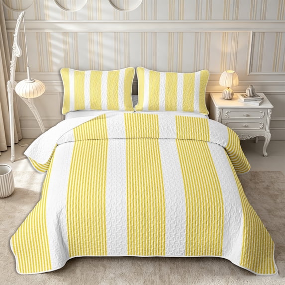 Castle Fairy Minimalist Thin Vertical Stripe Twin Quilt Set 2 Pieces,Geometric Wide Band Twin Coverlet Set,Yellow White,1 Bedspread and 1 Pillowcase