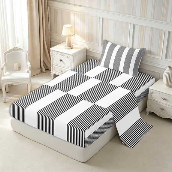 Castle Fairy Minimalist Thin Vertical Stripe Twin Sheets 3pcs,Geometric Wide Band Bedding,Black White,1 Flat Sheet, 1 Fitted Sheet and 1 Pillowcase