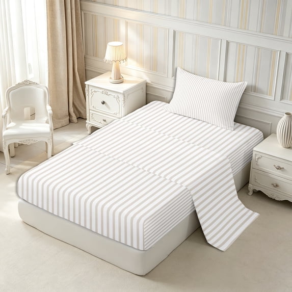 Castle Fairy Minimalist Vertical Line Twin Sheets 3pcs,Abstract Linear Band Bedding,Off-White Light Taupe,1 Flat Sheet, 1 Fitted Sheet and 1 Pillowcase