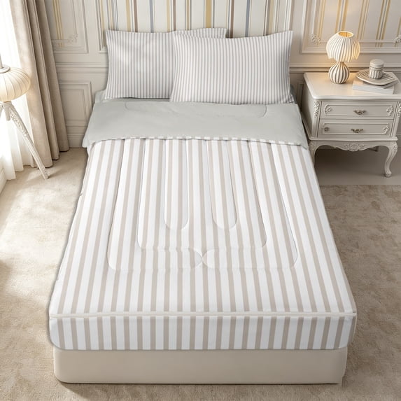 Castle Fairy Minimalist Vertical Line Zipper Twin Comforter Sets with Fitted Sheet and 2 Pillowcases,Abstract Linear Band Zipper Bedding Set,Off-White Light Taupe,Reversible