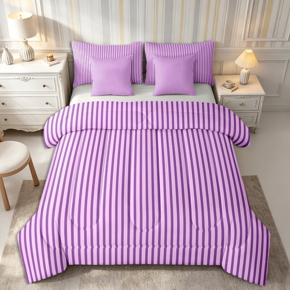 Castle Fairy Minimalist Vertical Stripe 7-Piece Twin Bedding,Geometric Thin Line Bedding Comforter Set,Lavender Pale Purple,Reversible