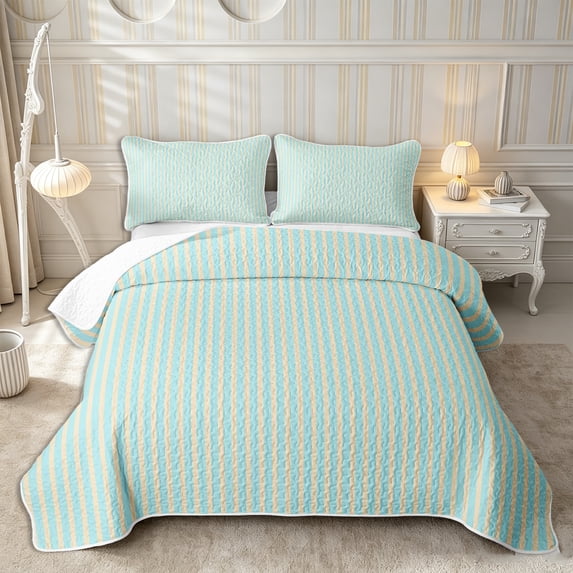 Castle Fairy Minimalist Vertical Stripe Quilt Full 3-Piece,Geometric Thin Line Full Bedspread Sets,Cream Sky Blue,1 Coverlet and 2 Pillowcases