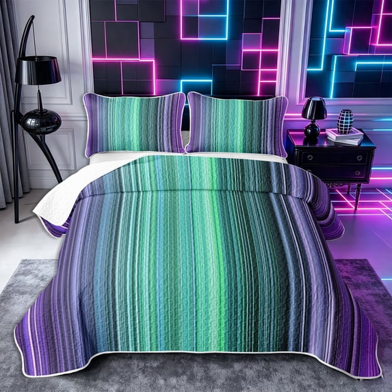 Castle Fairy Minimalist Vertical Stripe Quilt King 3 Pieces,Watercolor Thin Line King Coverlet Set,Purple Mint Indigo,1 Bedspread and 2 Pillowcases