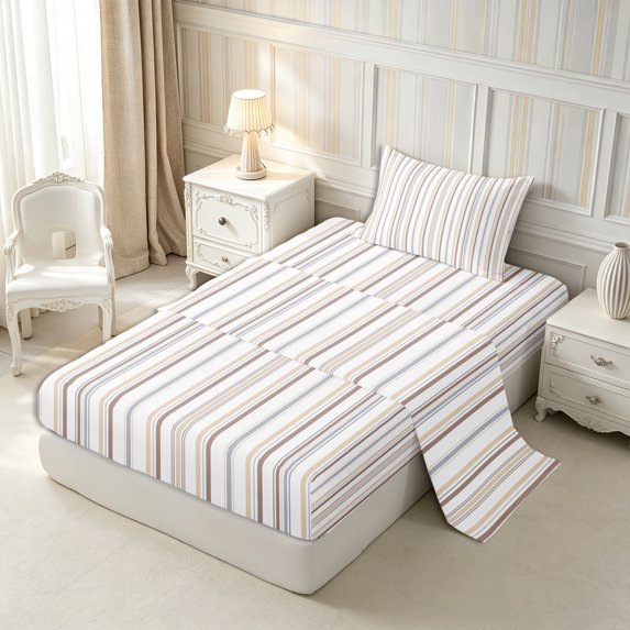 Castle Fairy Minimalist Vertical Stripe Twin Sheets 3pcs,Geometric Thin Line Bedding,Beige Brown Gray,1 Flat Sheet, 1 Fitted Sheet and 1 Pillowcase