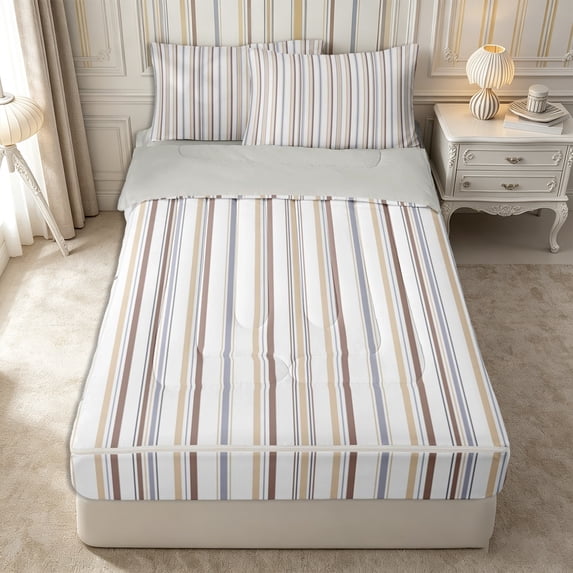 Castle Fairy Minimalist Vertical Stripe Zipper Twin Comforter Sets with Fitted Sheet and 2 Pillowcases,Geometric Thin Line Zipper Bedding Set,Beige Brown Gray,Reversible