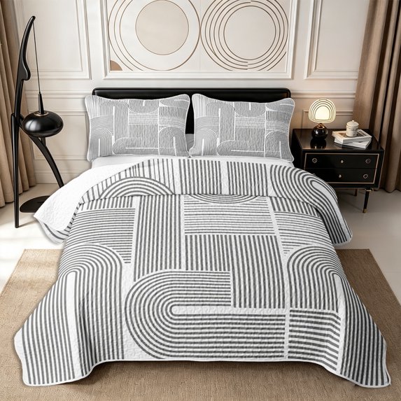 Castle Fairy Modern Abstract Curved Strip Bed Spread Queen 3pcs,Geometric Linear Arch Queen Coverlet Set,White Medium Gray,1 Quilt and 2 Pillowcases