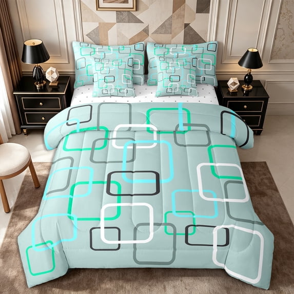 Castle Fairy Modern Abstract Square Frame Full Size Bedding Sets 7 Pieces,Watercolor Soft Border Motif Full Size Bed in a Bag,Mint Teal Turquoise,Reversible