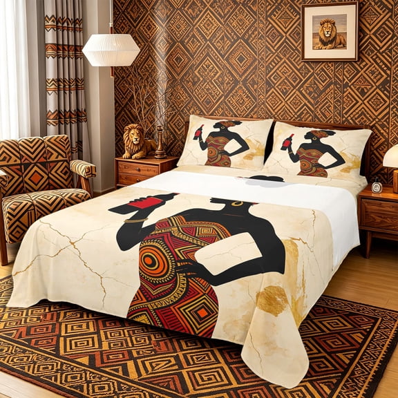Castle Fairy Modern Black Female Figure Holding Wine Bed Sheets 4-Piece,Abstract Tribal Print Style Full Size Sheets,Beige Gold Red,1 Fitted Sheet, 1 Flat Sheet and 2 Pillowcases