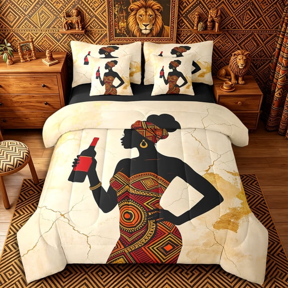 Castle Fairy Modern Black Female Figure Holding Wine King Bedding 7pcs,Abstract Tribal Print Style King Bed in a Bag,Beige Gold Red,Black Reversible