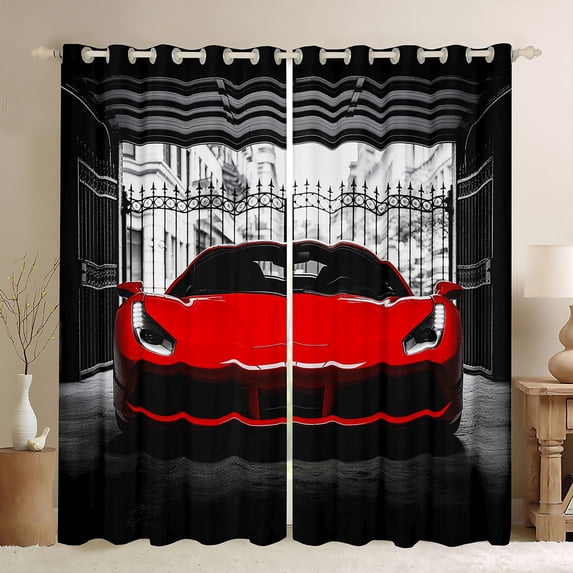 Castle Fairy Modern Sports Car Black Out Curtains for Boys, Garage Entrance Art Curtains Pack of 2 (42x63 Each) for Bedroom, Red Black