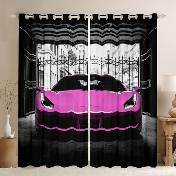 Castle Fairy Modern Sports Car Curtains Pack of 2 (42x84 Each) for Girls, Garage Gate Print Curtains Blackout for Bedroom, Pink Black