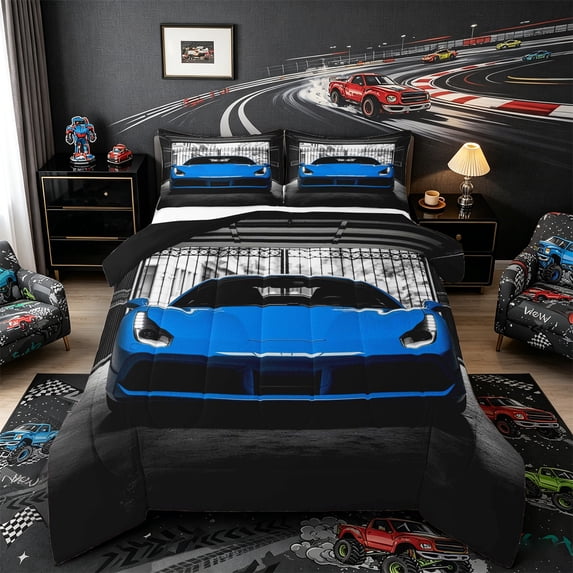 Castle Fairy Modern Sports Car Queen Comforter Set 3pcs for Teens, Garage Gate View Bedding Comforter Set for Bedroom, Blue Black,Black Reversible