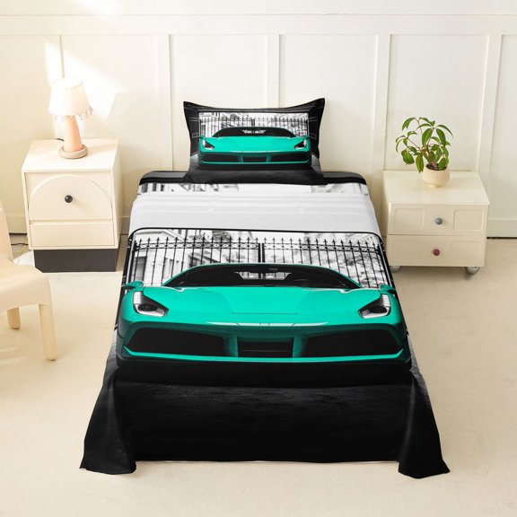 Castle Fairy Modern Sports Car Twin Sheet Sets 3pcs for Teens, Garage Gate View Bedding for Bedroom, Teal Black