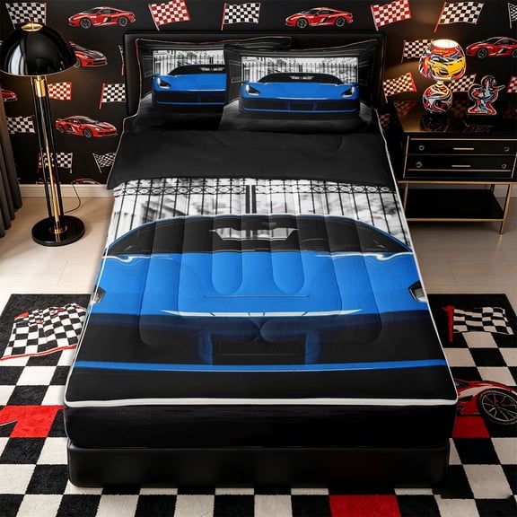 Castle Fairy Modern Sports Car Zipper Full Size Comforter Sets with Fitted Sheet and 2 Pillowcases,Garage Gate View Zipper Bedding Set for Bedroom,Blue Black,4pcs,Black Reversible