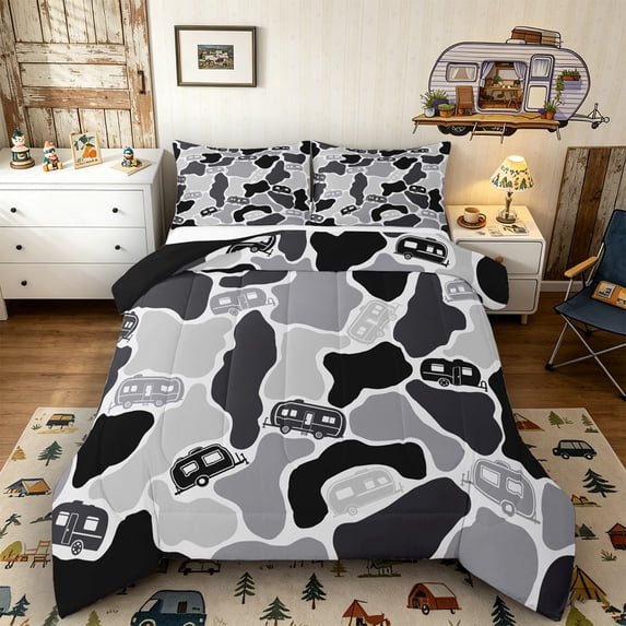 Castle Fairy Monochrome Camper Pattern Queen Comforter Set 3pcs for Teens, Camouflage Print Bedding Comforter Set for Bedroom, Black Gray,Black Reversible
