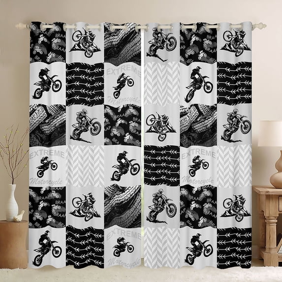 Castle Fairy Monochrome Dirt Bike Black Out Curtains for Boys, Patchwork Chevron Curtains Pack of 2 (42x63 Each) for Bedroom, Gray Black White