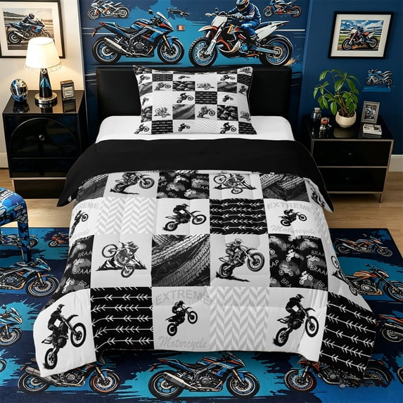 Castle Fairy Monochrome Dirt Bike Twin Comforter Sets 3-Piece for Boys, Patchwork Chevron Bedding Set for Bedroom, Gray Black White,Black Reversible