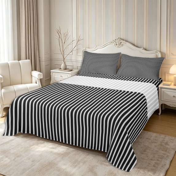 Castle Fairy Monochrome Linear Stripe King Sheets 4pcs,Mid Century Vertical Line Bedding,White Black,1 Flat Sheet, 1 Fitted Sheet and 2 Pillowcases