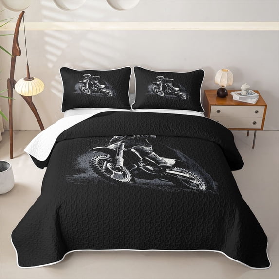 Castle Fairy Monochrome Motocross Quilt King,Dark Mud Track King Coverlet Set,Black White