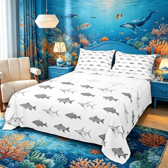 Castle Fairy Monochrome Sketch Fish King Sheets 4pcs,Line Art Marine Horizontal Repeat Pattern Bedding,Gray White,1 Fitted Sheet,1 Flat Sheet and 2 Pillowcases