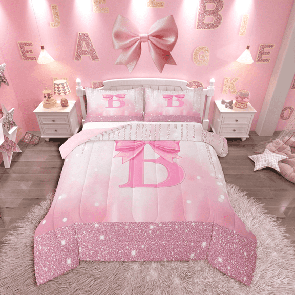 Castle Fairy Monogram B Full Comforter Set (3pc): Gradient Glitter Print, Dreamy Princess
