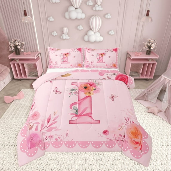Castle Fairy Monogrammed Letter 2pcs Bedding Comforter Set,Dreamy Princess Twin Comforter Sets,Flower Butterfly Breathable Bedding Set,Microfiber Girls Bedroom Decor,Reversible