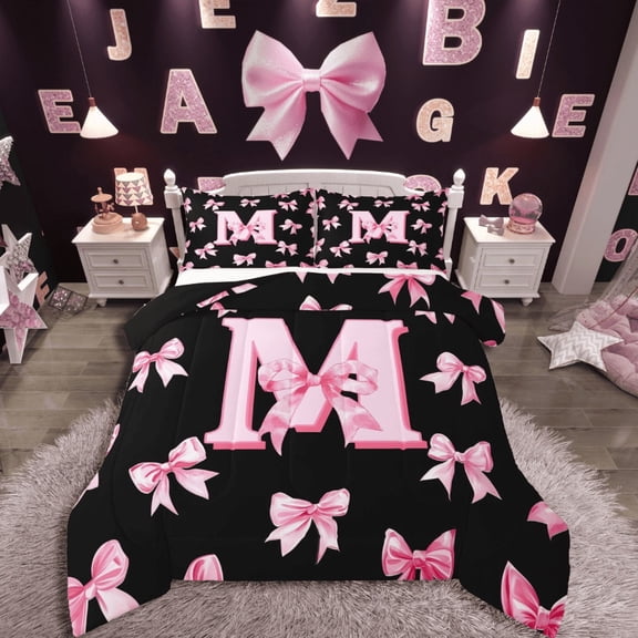 Castle Fairy Monogrammed Letter 3-Piece Full Comforter Set, Kawaii Bowknot Bedding