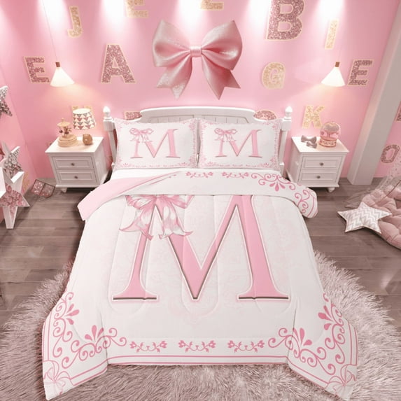 Castle Fairy Monogrammed Letter 3-Piece Full Size Comforter Sets,Chic Flower Bedding Comforter Set,Kawaii Bow Lightweight Bedding Sets,Microfiber Girls Bedroom Decor,Reversible