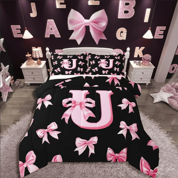 Castle Fairy Monogrammed Letter 3-Piece Full Size Comforter Sets,Kawaii Bowknot Bedding Comforter Set,Dreamy Princess Lightweight Bedding Sets,Breathable Cartoon Home Decor,Reversible