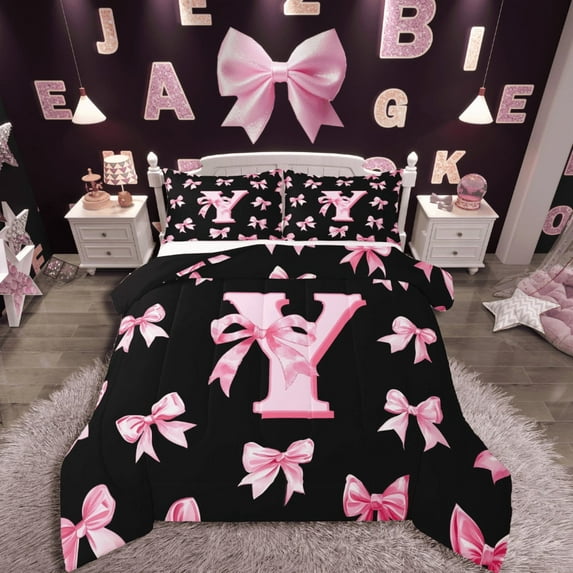 Castle Fairy Monogrammed Letter 3-Piece Full Size Comforter Sets,Kawaii Bowknot Bedding Comforter Set,Dreamy Princess Lightweight Bedding Sets,Breathable Cartoon Home Decor,Reversible