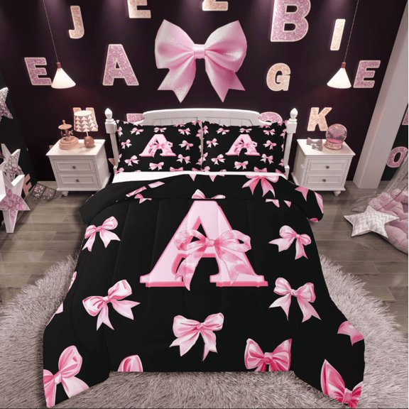 Castle Fairy Monogrammed Letter 3 Pieces Queen Comforter Set,Kawaii Bowknot Ultra Soft Bedding Sets,Dreamy Princess Bedding Comforter Set,Breathable Cartoon Home Decor,Reversible