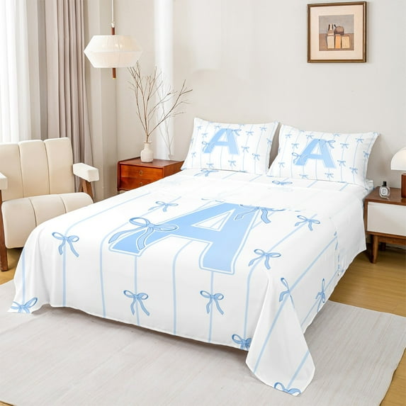 Castle Fairy Monogrammed Letter A 3Pcs Twin Sheet Sets for Teens Boys Girls,Kawaii Bow Twin Fitted Sheet,Geometric Stripes Breathable Flat Sheet,Super Cozy Room Decor