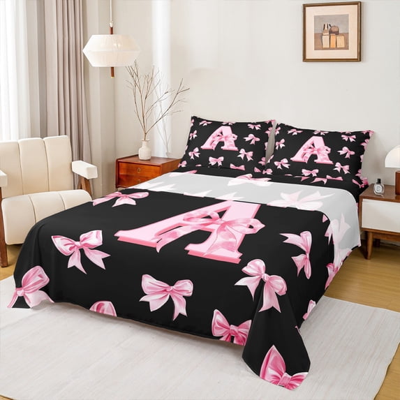 Castle Fairy Monogrammed Letter 4-Piece Full Size Sheets,Kawaii Bowknot Bed Sheets,Dreamy Princess Lightweight Sheet Sets,Breathable Cartoon Home Decor