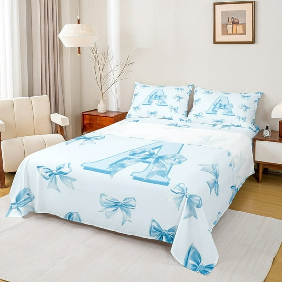 Castle Fairy Monogrammed Letter 4-Piece Full Size Sheets,Kawaii Bowknot Bed Sheets,Dreamy Princess Lightweight Sheet Sets,Breathable Cartoon Home Decor