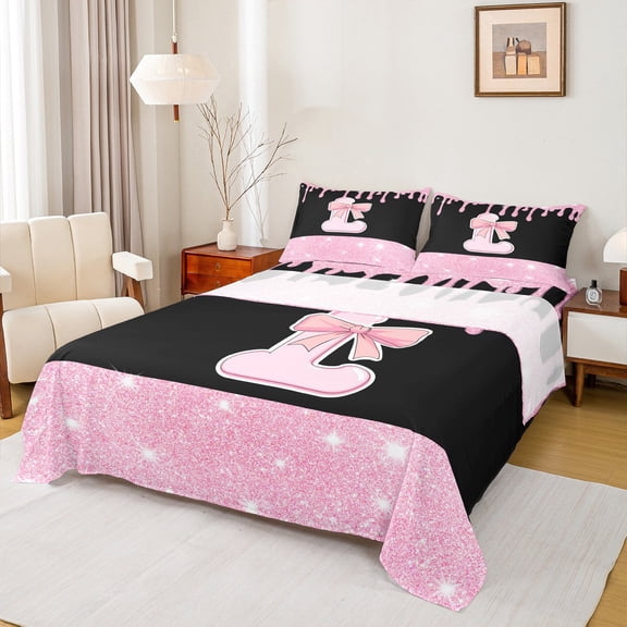 Castle Fairy Monogrammed Letter 4 Pieces Queen Sheet Sets,Pink Glitter Ultra Soft Flat Sheet,Kawaii Bowknot Queen Fitted Sheet,Breathable Gradient Home Decor