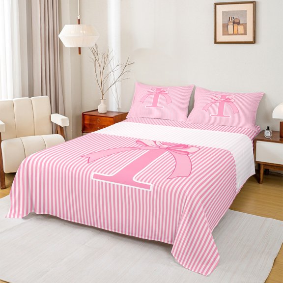 Castle Fairy Monogrammed Letter 4pcs Bed Sheets,Geometric Stripes King Sheets,Pink Bow Super Cozy Sheet Set,Lightweight Kawaii Room Decor