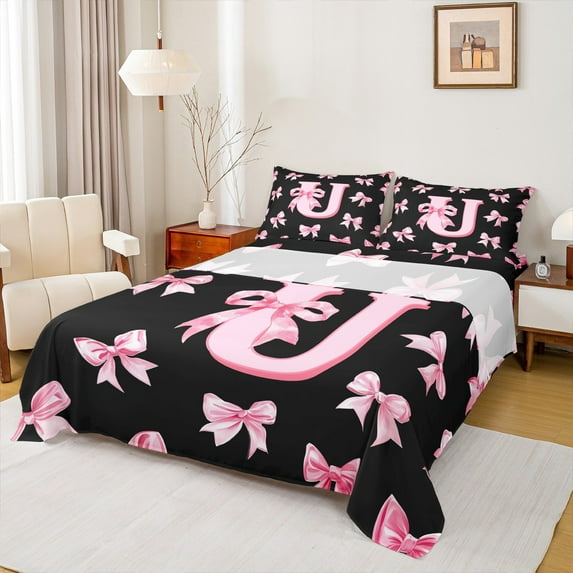 Castle Fairy Monogrammed Letter 4-Piece King Sheet Set: Kawaii Bowknot Dreamy Princess Breathable Decor