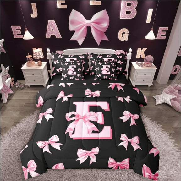 Castle Fairy Monogrammed Letter 7-Piece Twin Bedding Sets,Kawaii Bowknot Bedding Comforter Set,Dreamy Princess Breathable Sheet Sets,Breathable Cartoon Home Decor,Reversible