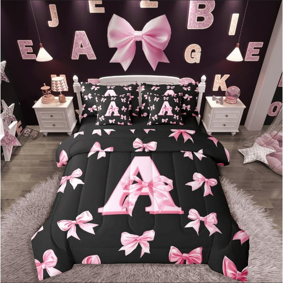 Castle Fairy Monogrammed Letter 7-Piece Twin Bedding Sets,Kawaii Bowknot Bedding Comforter Set,Dreamy Princess Breathable Sheet Sets,Breathable Cartoon Home Decor,Reversible