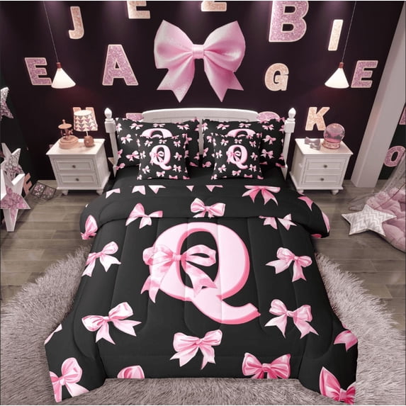 Castle Fairy Pink White And Black Toddler Bed Set 7-Piece,Ribbon Bow Twin Toddler Bed Sheets And Comforter For Girls,Q Letter Bed Room Set For Girls Kids