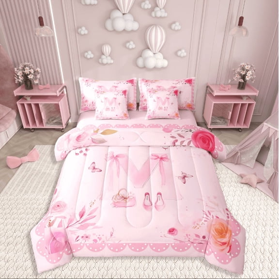 Castle Fairy Monogrammed Letter 7 Pieces Bedding Comforter Set,Dreamy Princess Full Bedding Set Lightweight,Flower Butterfly Fitted Sheet Flat Sheet,Microfiber Pink Bow Bedroom Decor,Reversible