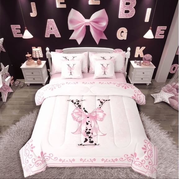 Castle Fairy Monogrammed Letter 7 Pieces Bedding Comforter Set,Leopard Print Full Bedding Set Lightweight,Kawaii Bow Fitted Sheet Flat Sheet,Ultra Soft Floral Home Decor,Reversible
