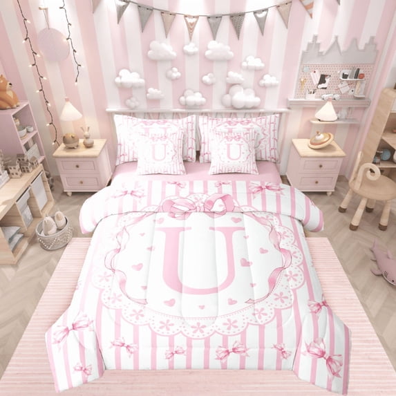 Castle Fairy Monogrammed Letter 7 Pieces Bedding Comforter Set for Teens,Flower Bow Full Bedding Set Lightweight,Geometric Stripes Fitted Sheet Flat Sheet,Ultra Soft Home Decor