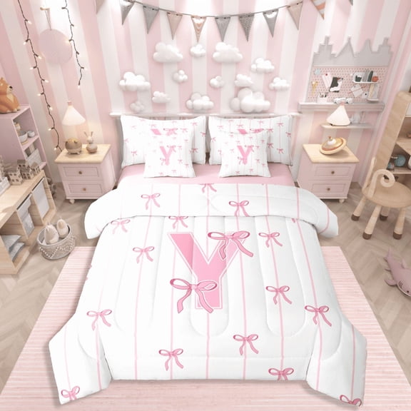 Castle Fairy Monogrammed Letter 7pcs Bedding Comforter Set,Geometric Stripes Queen Bedding Sets Super Cozy,Pink White Queen Sheet Sets,Breathable Kawaii Home Decor,Reversible