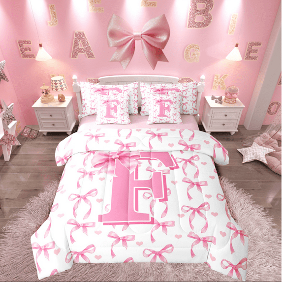 Castle Fairy Monogrammed Letter 7pcs Bedding Comforter Set for Kids,Bow Alphabet Queen Bedding Sets Super Cozy,Dreamy Princess Queen Sheet Sets,Super Cozy Room Decor