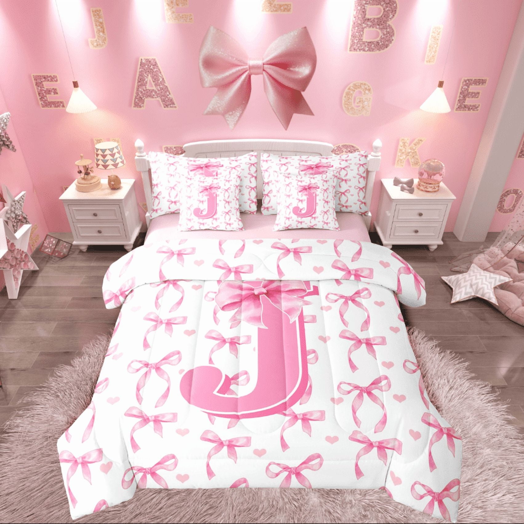 Castle Fairy Monogrammed Letter 7pcs Bedding Comforter Set for Kids,Bow ...