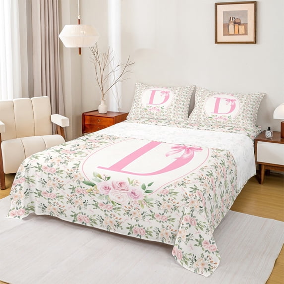 Castle Fairy Monogrammed Letter D 4-Piece Full Size Sheets for Teens Boys Girls,Kawaii Bow Bed Sheets,Chic Flower Rose Lightweight Sheet Sets,Super Cozy Room Decor